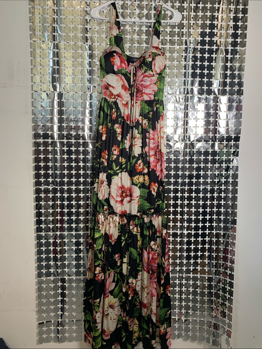 AKIRA Black Maxi Dress with Pink & Green Floral Print